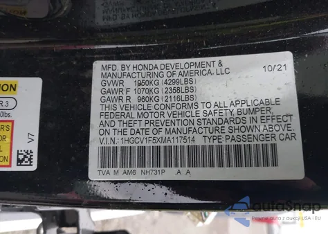 2021 Honda Accord Ex-L z USA, uszkodzony, nr VIN 1HGCV1F5XMA117514